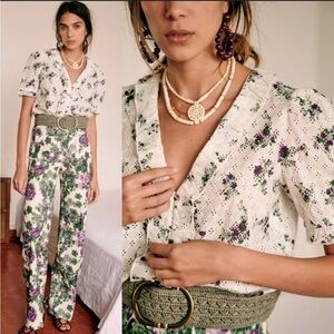 Sezane White Eyelet Top with Purple & Green Floral Motif